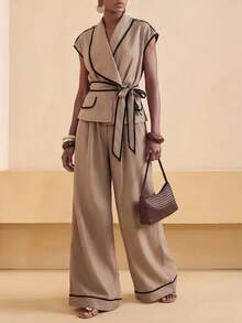 Zivah Setelan Elegan Wanita: Jaket Manset Bergaris dan Celana Panjang Lebar - Khaki - View 10