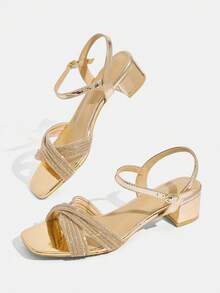 CUCCOO TILAWA Women's Solid Color Rhinestone Decor Square Toe Elegant High Heel Sandals - Champagne - View 7
