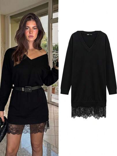 Serisse Maglione casual da donna con scollo a V, patchwork in pizzo, maniche lunghe, per uso quotidiano