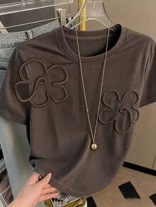 Resyla 女款夏季休閒 3D 花卉裝飾 T-shirt - 摩卡棕 - 查看 1
