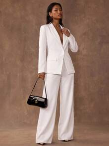 SHEIN BAE Women's Solid Color Mottled Collar Long Sleeve Single Button Jacket And Pants Elegant Suit Casual Set - White - View 5