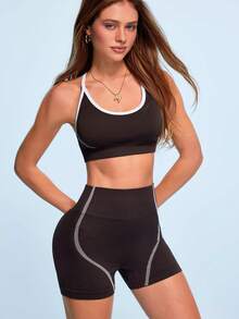 SHEIN Sovereign Charm 2pcs Seamless High Elastic Cross Back Sports Bra & Seamless Contrast Color Sports Shorts Set - Brown - View 4