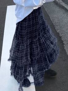 Dazy Tall Women's Plaid Long Casual Skirt Cute Tops - Navy Blue - View 5
