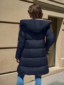 EURMUSE 2-Tone Hooded Zip-Up Pockets Mid-Length Padded Coat - Navy Blue - View 3