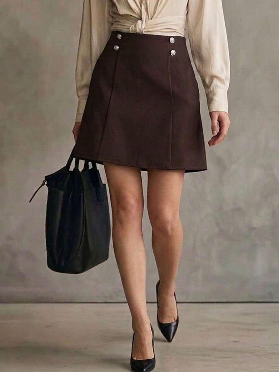 Franclia 女士纯色简约纽扣装饰休闲半身裙 - 棕色 - 查看 1