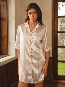 Bisouelle Summer Satin Casual Striped Print Lapel Front Button-Down Patch Pocket Short Sleeve Nightgown For Women, Suitable For Autumn - Multicolor - View 6