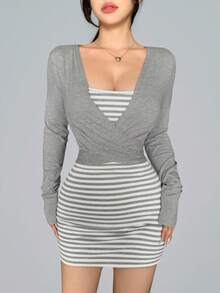 DAZY Summer Autumn Grey Slim Fit Striped Cami Dress Tie-Up Cardigan 2 Pieces Set Women's Sporty Casual Modest Loungewear Outfit Korean Style Y2K Gym - Grey - View 9