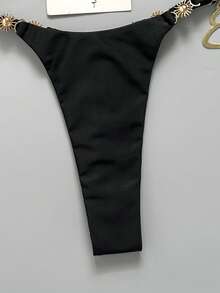Swim Mod Conjunto de bikini de mujer de unicolor con tirantes finos y decoración metálica para primavera/verano - Negro - Ver 8