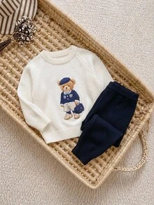Young Boy Cartoon Bear Kids Pattern Knitted Soft Crew Neck Long Sleeve Pullover Sweater And Elastic Waist Long Autumn Pants 2-Piece Set - Multicolor - View 8