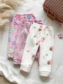 Vintaside Kids 3件組女孩秋冬多色甜美柔軟保暖內裡加厚長褲，蝴蝶結愛心/草莓/彩色花卉3款印花可選，高腰鬆緊腰收口休閒褲款，校園內搭、戶外散步、日常穿搭，女孩加厚抓絨褲 - 彩色 - 查看 2