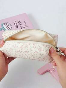 1PC Durable Natural Linen Pink Floral Print Ins Style Multi Purpose Zipper Pencil Case For Student Desk Stationery Makeup Organizer Back To School Gift - Single Piece - View 6