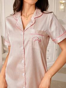 LuxeNights Pink Satin Lapel Short Sleeve Front Button Nightgown With Pocket Embroidery Detail - Pink - View 2