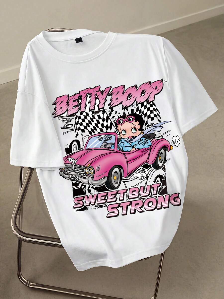Betty Boop x SHEIN 大码女式圆领卡通字母印花休闲百搭日常短袖T恤 - 白色 - 查看 1