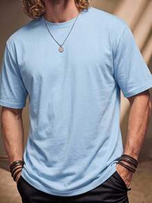 Fenqiro Men's Solid Color Short Sleeve T-Shirt - Baby Blue - View 1