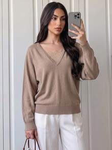 Duskaine Women's Lace Patchwork Batwing Sleeve Sweater - Khaki - View 3