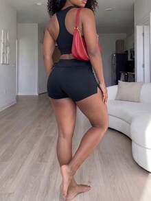 SHEIN Core Rhythm Women's Plus Size Solid Color Drawstring Waist Sports Shorts Bottoms Athletic Alternative Kawaii Gym Black Summer Gym Fair - Black - View 2