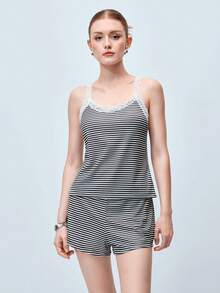 Softvol Women's Pajama Set Contrast Lace Striped Camisole Top And Shorts, Spring/Summer - Grey - View 3