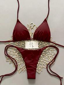 Swim Vcay 2件組女款白色比基尼泳衣套裝，手工編繩泳裝 - 酒紅色 - 查看 3