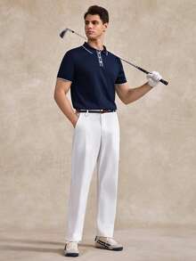 Courvante Men's Contrast White Trim Mesh Knit Polo Shirt Short Sleeve Breathable Slim Fit Business Casual Navy Top For Daily Office Wear - Navy Blue - View 7