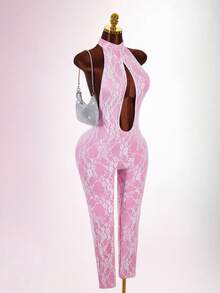 Amplova Women's Lace Cutout Design Sexy Halter Neck Jumpsuit - Pink - View 9