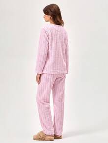 RueChic Heart And Letter Embroidered Flannel Homewear Set - Pink - View 2