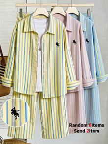 SHEIN 青少年女孩領口長袖襯衫與條紋長褲套裝 - 彩色 - 查看 1