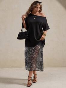 Elegantrix Plus Size Women Spring Summer Sequin Fabric Patchwork Asymmetric Collar Casual Commute Dress - Black - View 4