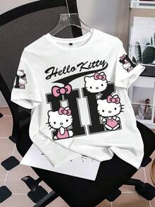 HELLO KITTY AND FRIENDS | SHEIN 女款夏季休閒可愛 Y2K 卡通字母印花 T-shirt，適合早午餐、學校、日常穿著，白色 - 白色 - 查看 3