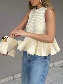 Siren Gaze Autumn Women Casual Knitted White Camo Top Vest Western Vintage Elegant Formal Brunch Office Going Out Wedding Graduation Ruffle Peplum Pleated Y2k - Apricot - View 2