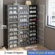 2rows8layer/3rows10layer Shoe Rack With Door, Shoe Cabinet Storage, Portable Shoe Rack, Expandable Vertical Shoe Rack, Can Store 8-60 Pairs Of Shoes, Boots, Slippers, Large DIY Plastic Detachable Shoe Rack, Suitable For Entrywa - Black - View 5