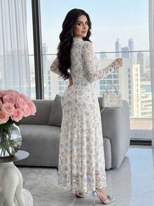Feyla 女款花卉圖案蕾絲優雅收腰長洋裝 - 彩色 - 查看 3