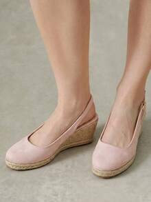 Styleloop Ladies Slope Heel Thick Bottom Platform Solid Color Elegant Vacation Leisure Beach Hemp Rope Bottom Bohemian Slip-On Sandals - Pink - View 4