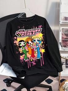 THE POWERPUFF GIRLS X SHEIN 女款休閒卡通印花運動衫，秋季 - 白色 - 查看 6