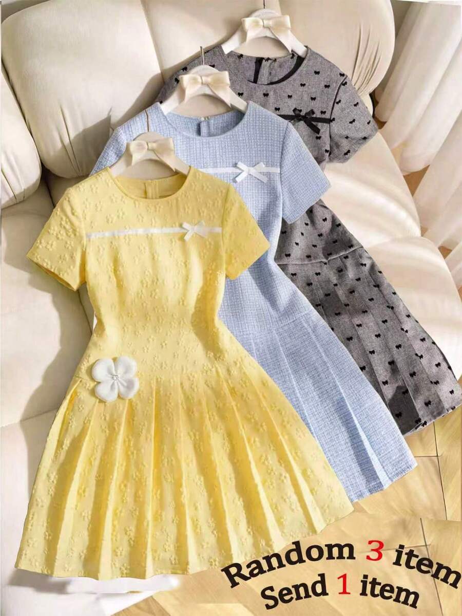 SHEIN 黄色雪花蝴蝶结褶皱连衣裙,优雅时尚,舒适百搭,适合外出、娱乐、休闲、度假、家庭聚会等场合。 - 黃色 - 查看 1