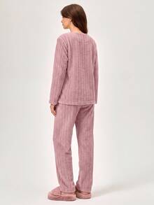 RueChic Flannel Embroidery Heart & Letter Print Home Wear Set - Watermelon Pink - View 2