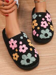 Fashionable, Cute Flower Pattern, Soft And Comfortable Home Slippers, Warm Slippers, Winter Women's Shoes - Black - View 5