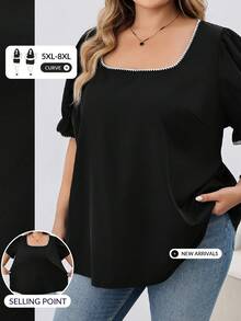 SHEIN CURVE+ 大尺碼休閒度假風貝殼與花卉裝飾方領燈籠袖上衣，2026秋冬 22W - 黑色 - 查看 7
