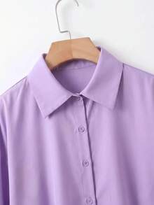 SHEIN CURVE+ 大尺碼女款素色長袖單排扣休閒寬鬆襯衫 - 淡紫色 - 查看 5
