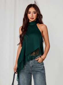 SHEIN PETITE 不對稱高領掛脖上衣，蕾絲飾邊，適合晚宴派對雞尾酒會正式場合 - 墨綠色 - 查看 4