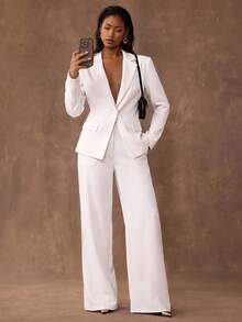 SHEIN BAE Women's Solid Color Mottled Collar Long Sleeve Single Button Jacket And Pants Elegant Suit Casual Set - White - View 3