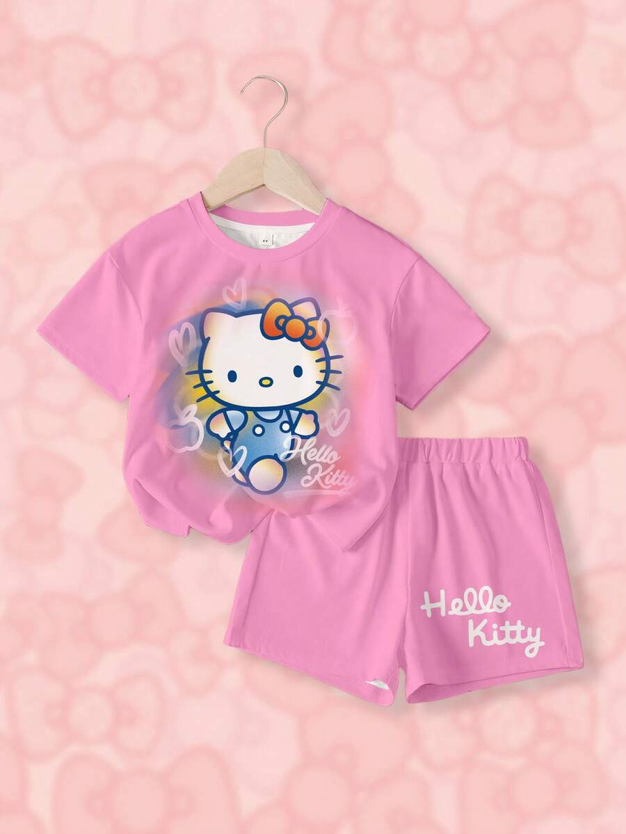 HELLO KITTY AND FRIENDS | SHEIN Cartoon Print T-Shirt And Shorts Set For Young Girls - White - View 1