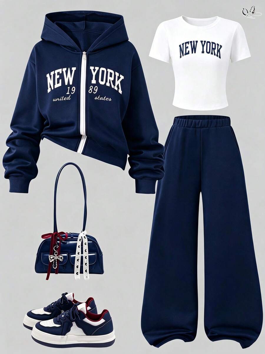 SHEIN 青少年女孩外套服裝套裝 返校季 秋冬 Y2K 冬季衣著 - 藏蓝色 - 查看 1