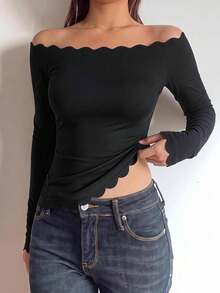SHEIN BASICS 女款優雅純色露肩修身長袖T恤 - 黑色 - 查看 8