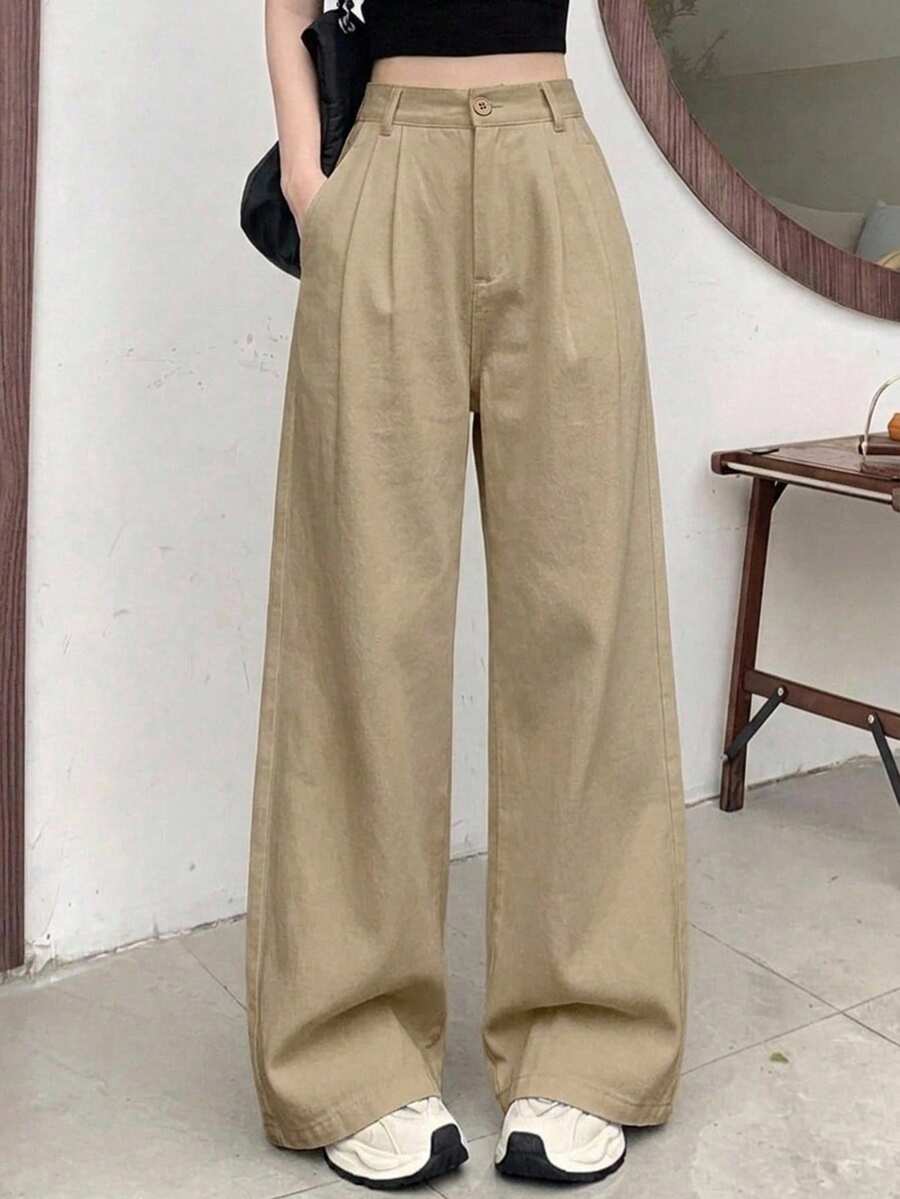 DAZY 女款商務休閒純色寬腿長褲 秋季 - 卡其色 - 查看 1