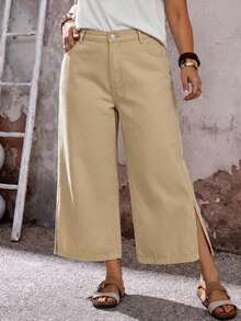 EMERY ROSE EMERY ROSE Plus Size Women's Pocket Side Slit Wide Leg Loose Casual Cropped Denim Jeans - Khaki - View 5
