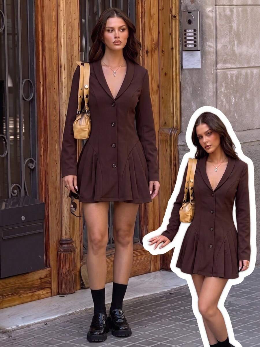 MainGRL Vestido mini de moda de unicolor para citas y fiestas para mujer - Marrón - Ver 1