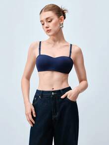 Softvol 1件式女款舒適休閒無鋼圈性感柔軟輕盈半罩杯純色Bralette內衣，可調節肩帶 - 寶藍色 - 查看 3