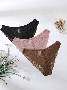 SHEIN 3件組極簡浪漫蕾絲女款三角內褲 - 彩色 - 查看 4
