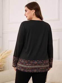 Lacomfia Autumn/Winter Elegant Casual Print Patchwork V-Neck Button Loose Fit Plus Size Women's T-Shirt - Multicolor - View 2