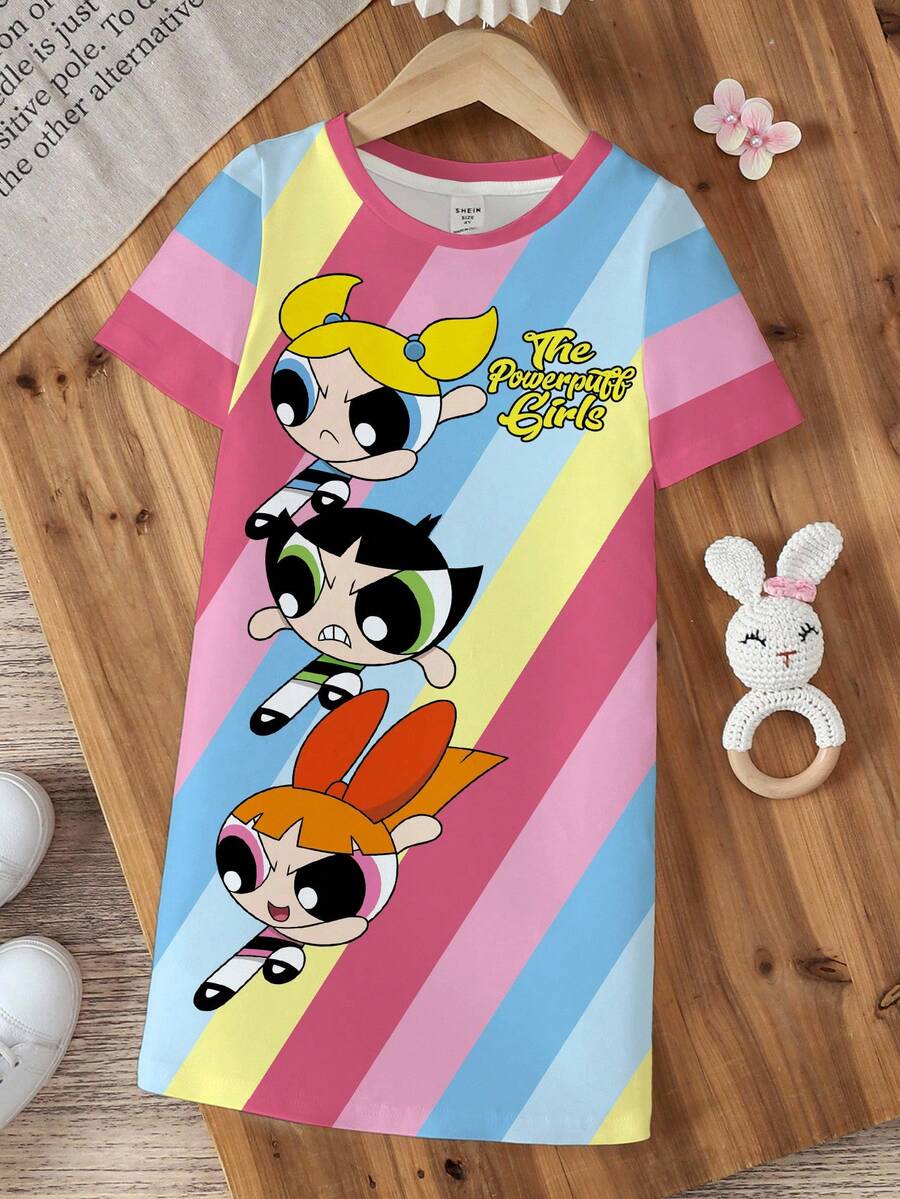 THE POWERPUFF GIRLS X SHEIN 女童圓領字母卡通印花休閒日常夏季洋裝 - 白色 - 查看 1